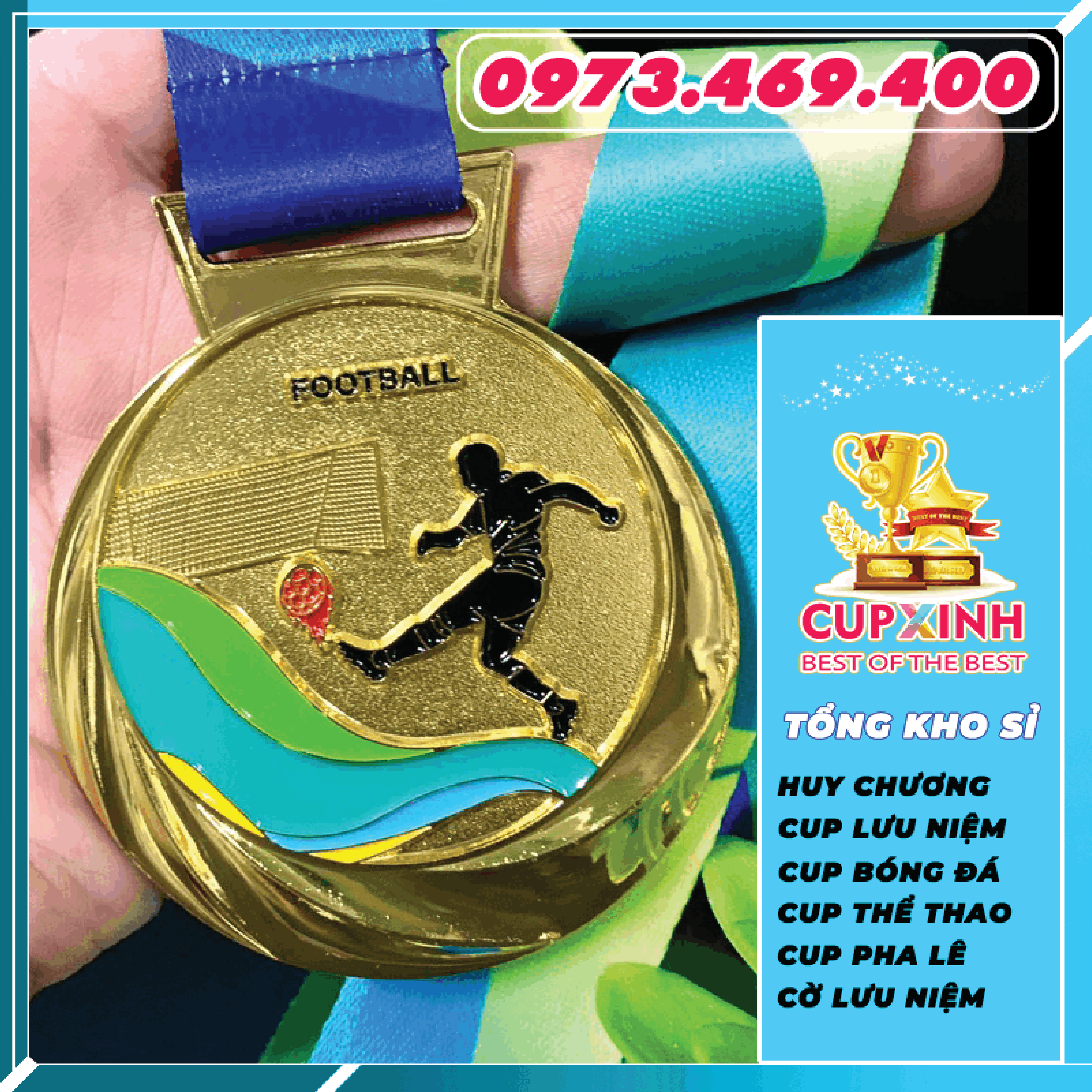 HC020 Bóng Đá Đỏ Huy Chương Vàng Bạc Đồng Kim Loại
